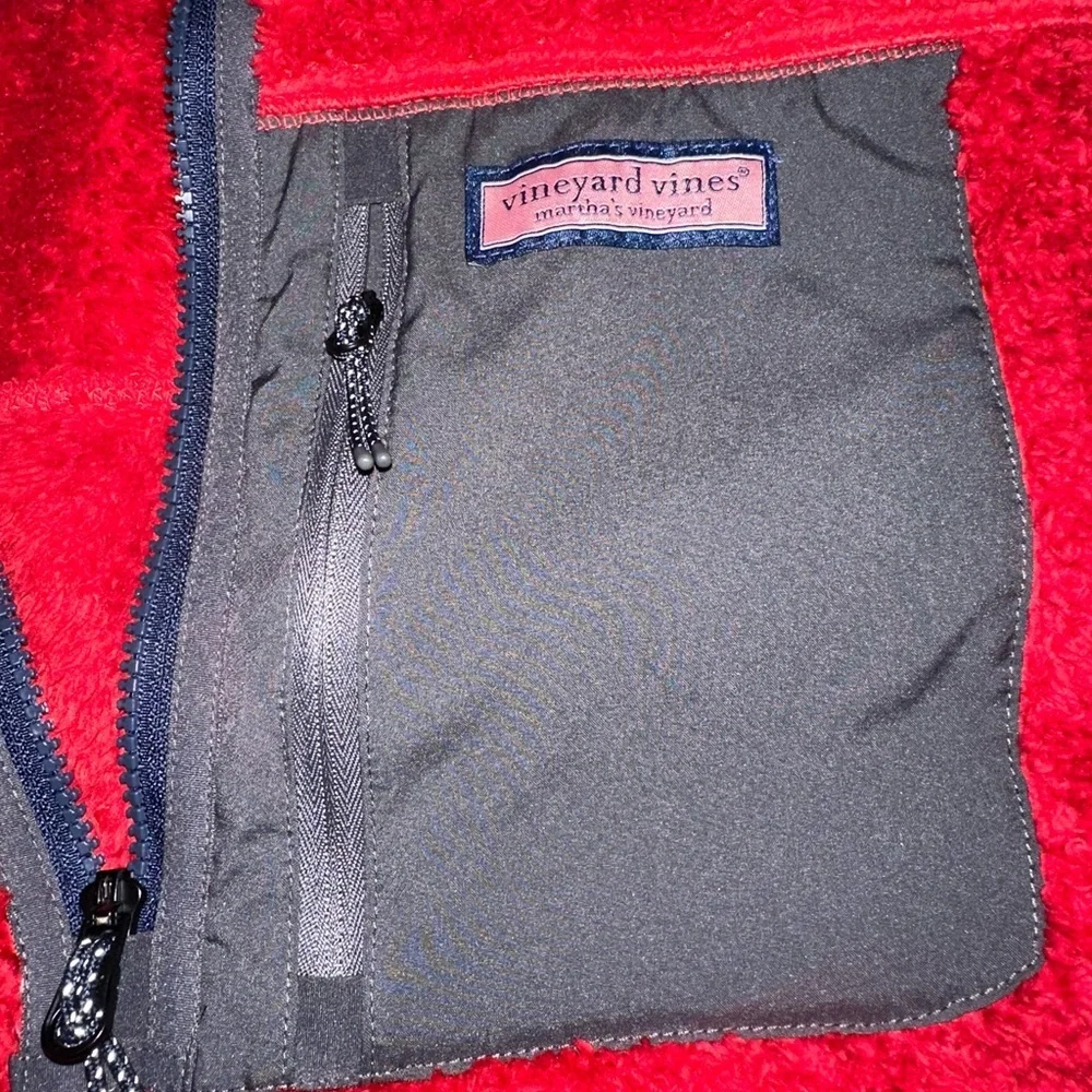 Vineyard Vines Stillwater Sherpa Quarter Zip Red Velvet Fleece Gray Pocket Large